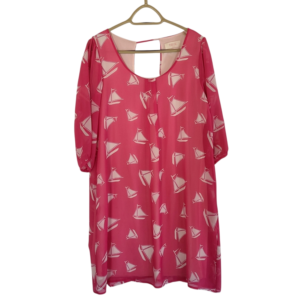 Peach Love California Pink Sheer Sailboat Print Shift Dress Size Large